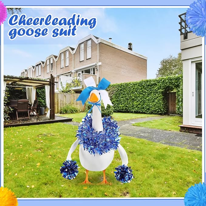 3 Pcs Cheerleader Porch Goose Outfit Poseable Wings with Pom Poms Garland and Bow for 23" Lawn Cement Goose Football Halloween Garden Patio Yard Outdoor Classroom Decorations(Blue)