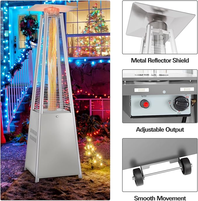 Hykolity 48000 BTU Pyramid Patio Heater, Outdoor Propane Heaters with Wheels and Cover, Glass Tube Propane Patio Heater for Backyard, Garden, Porch and Pool, Silver Grey