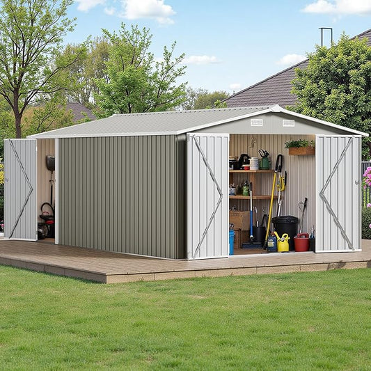 10×14 FT Outdoor Storage Shed, Light Grey Workshop Shed with 3 Lockable Doors & 4 Vents for Backyard, Patio, Lawn, Garden Tool & Lawn Mower Storage - Ideal for Homeowners, Gardeners & DIYers