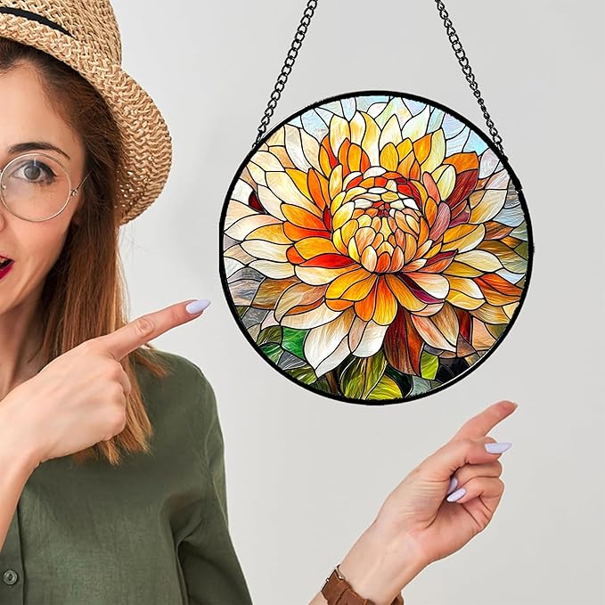 Stained Glass Window Hanging - Chrysanthemum Suncatcher for Doors Garden Patio Birth Flowers Sun Catchers Decor Christmas Mother's Day Birthday Gifts for Women Men Mom Nana Friend 7.8 in
