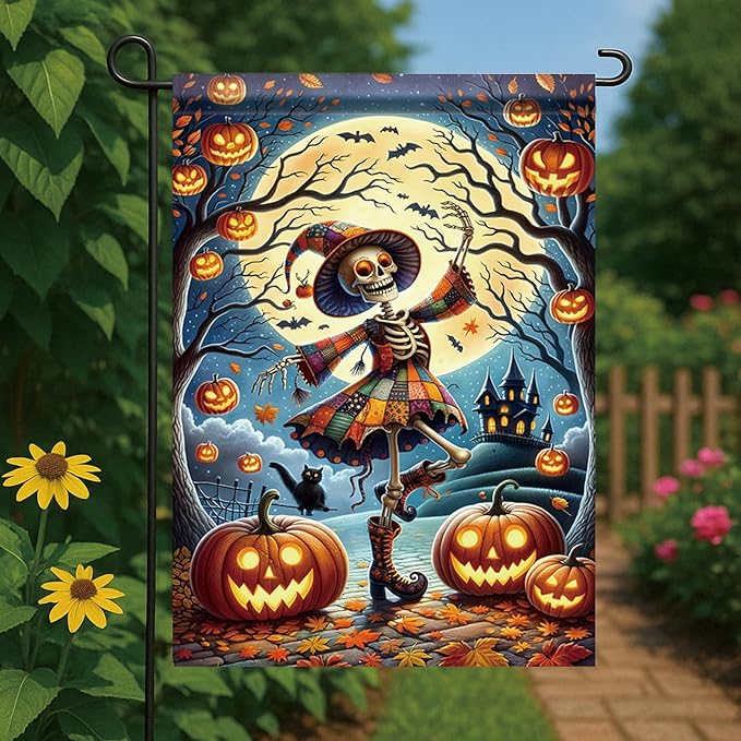 Halloween Garden Flag Skeleton Witch Pumpkin Flag 12x18 Inch Double Sided Fall Halloween Outdoor Decoration Haunted House Party Decor Seasonal Autumn Yard Banner for Home Lawn Patio