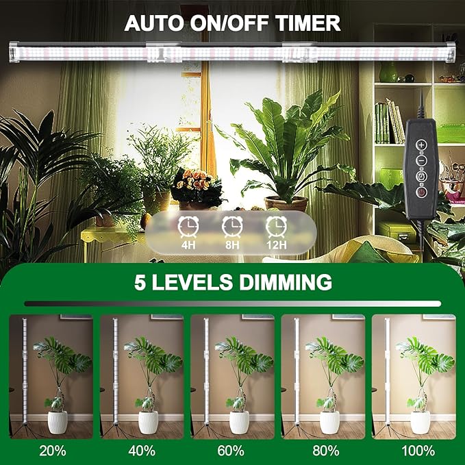 Super-Bright 48" T10 Plant Lamp, 6000k Full Spectrum Standing Grow Light, 3 Modes & 5 Dimming Levels, Timer 4/8/12H,12V/3A High Power Output for Large & Tall Indoor Plants