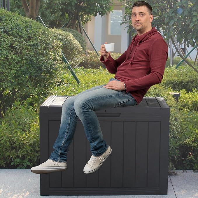 Modern-Depo 45 Gallon Waterproof Storage Deck Box Patio Furniture Organization Container with Lockable Lid, PP Outdoor Side Table for Garden, Yard, Poolside, Black