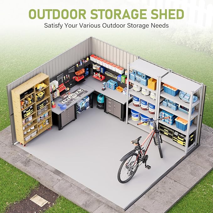 Vanacc 12x10.3x8.1 FT Galvanized Steel Outdoor Storage Shed with a Lockable Hinged Door and 2 Windows, Metal shed for Garden, Backyard, Dark Grey/White