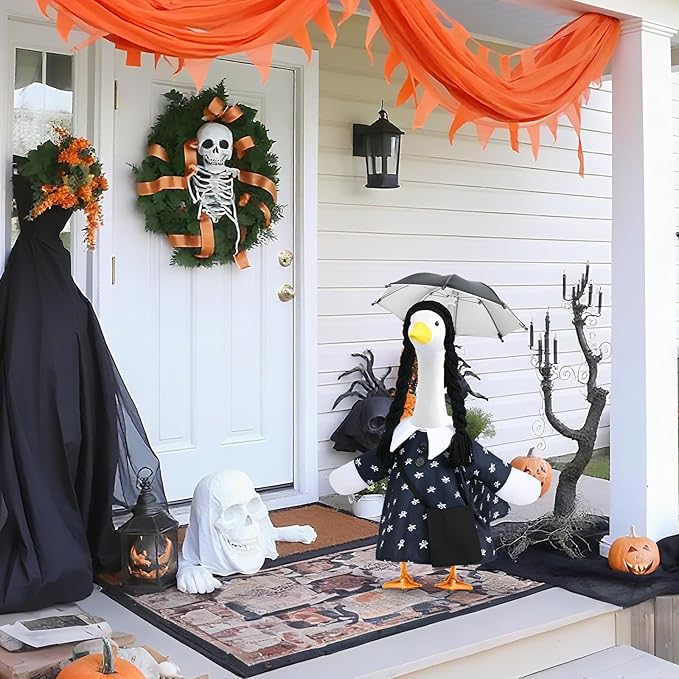 Halloween Porch Goose Outfits, Halloween Addams Black Dress Goose Outfits for 23” Porch Goose Statue, Outdoor Decoration for Porch Yard and Patio