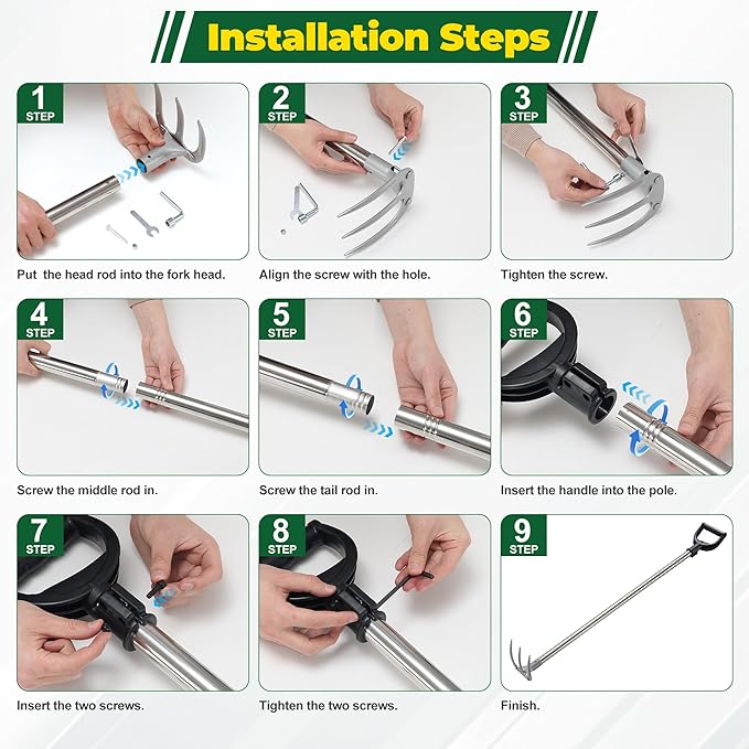 Hand Garden Rake, Adjustable Handle Heavy Duty Garden Cultivator Rake with D-Type Grip for Digging, Weeding, Loosening