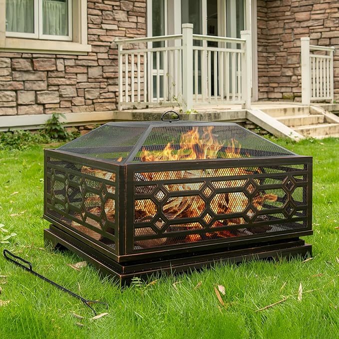 Outdoor Fire Pit, 32 Inch Wood Burning Firepit for Outside with Mesh Cover & Fire Poker, Large Square Metal Fireplace for Patio, Backyard, Garden, Bonfire Party