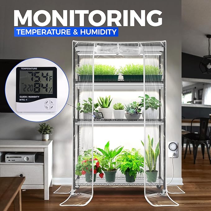 Barrina CX5Z Indoor Greenhouse with Grow Light, 6PCS 30W per Light Full Spectrum T8 Plant Lights, 4-Tier Portable Metal Plant Stand Tent and Thermometer for Seed Starting, 35.4x13.8x59IN