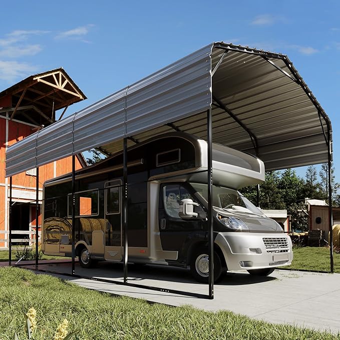 EROMMY 14x20 FT RV Metal Carport, Heavy Duty Carports with Reinforced Steel Frame, Weather-Resistant Galvanized-Steel Roof Shelters, Outdoor Car Shed for 2 Vehicles, Truck, Boat and SUV, Gray