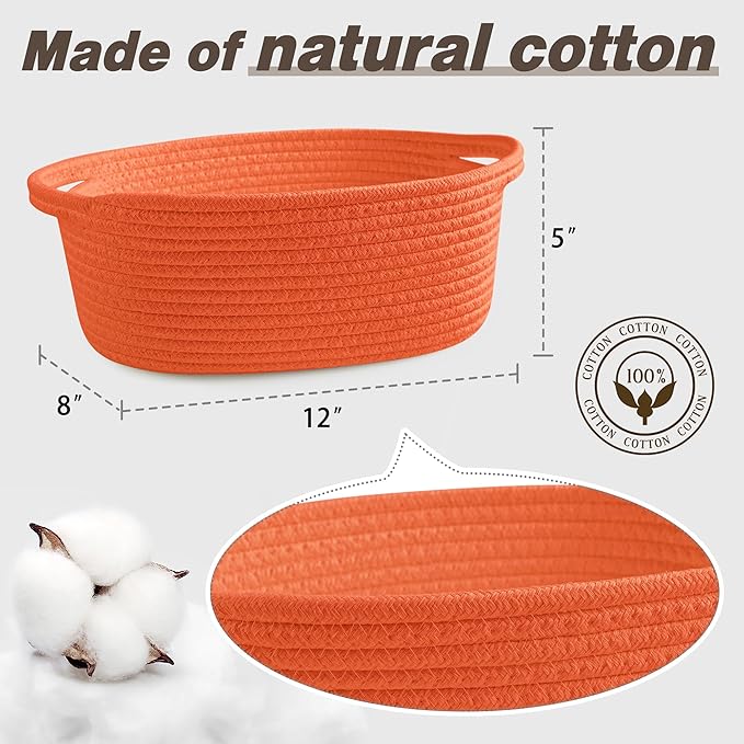 Pro Goleem Small Woven Basket with Gift Bags and Ribbons Durable Baskets for Gifts Empty Small Rope Basket for Storage 12"X 8" X 5" Baby Toy Basket with Handles, Orange