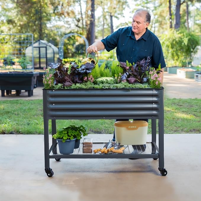 Rolling Elevated Raised Garden Bed-V Series, 2' x 4' Garden Beds with Legs & Storage Rack for Patio & Porch, 700 Lbs Weight Capacity, Outdoor Planter Box for Vegetables Flower Herbs, Modern Gray