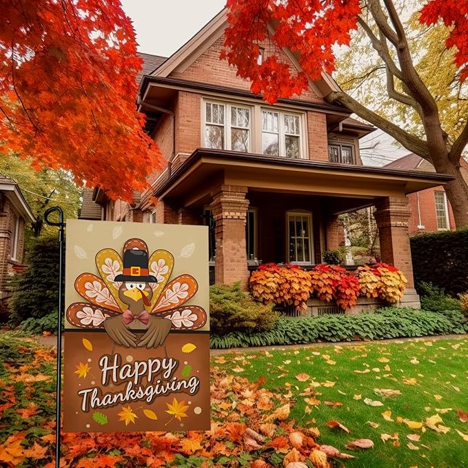 Happy Thanksgiving Garden Flag Turkey Thankful Fall Yard Flag Autumn Happy Harvest Garden Flags Double Sided Yard Decorations Holiday Outdoor Flag 12x18 Inch