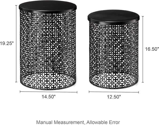Glitzhome Outdoor Side Table Set of 2, Decorative Garden Stool for Indoor Outdoor Heavy Duty Metal Frame Accent Table Modern End Table, Glossy Black
