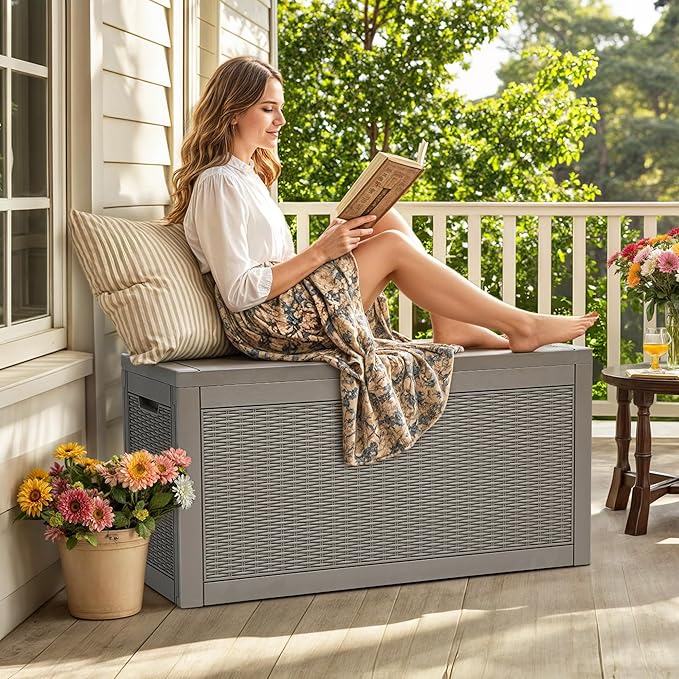 YITAHOME 60 Gallon Outdoor Storage Box, Large Water Resistant Resin Deck Box, Indoor Outdoor Lockable Rattan Storage Container for Patio, Garden, Cushions, Tools, Equipment (Taupe)