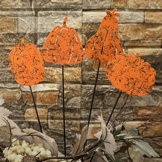 Chunful 4 Pcs Fall Vintage Decorative Garden Stakes Pumpkin Garden Stakes for Flower Planter Pot Outdoor Rustic Metal Yard Sign Thanksgiving Pumpkins Decorations Autumn Harvest Halloween Patio Lawn