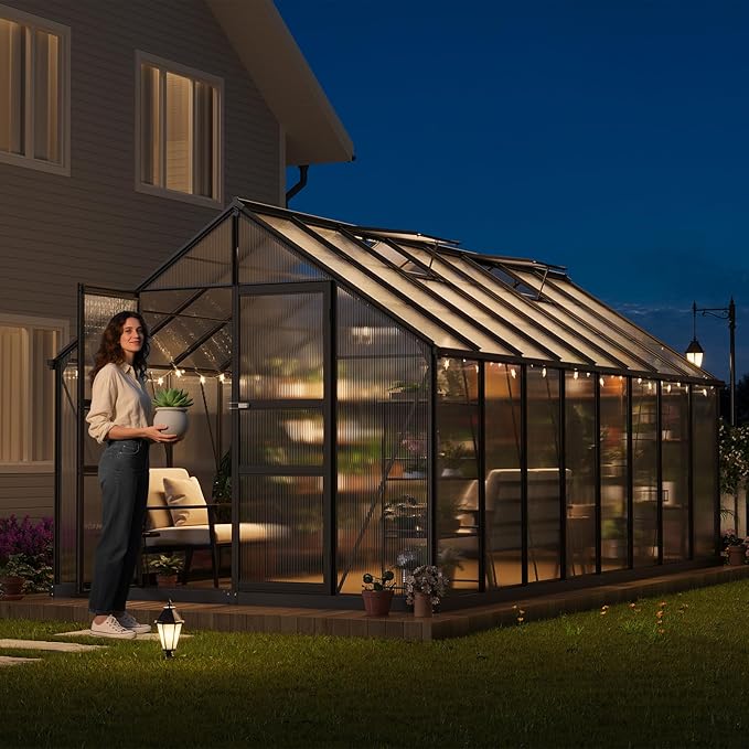 Greenhouses, 8×16 FT Greenhouse, Easy Assembly Aluminum Polycarbonate Greenhouses for Outdoors with Roof Vent, Large Aluminum Walk-in Greenhouse for Patio, Backyard, Garden, Lockable Hinged Door