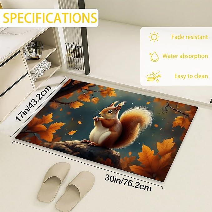 Door Mat,Cute Squirrel Welcome Mat Indoor,Fall Maple Leaf Non-Slip Outdoor Entry Mat for Home Entryway, Low Profile Floor Rugs for Entry Patio, Porch, Hallways 30 x 17 Inch