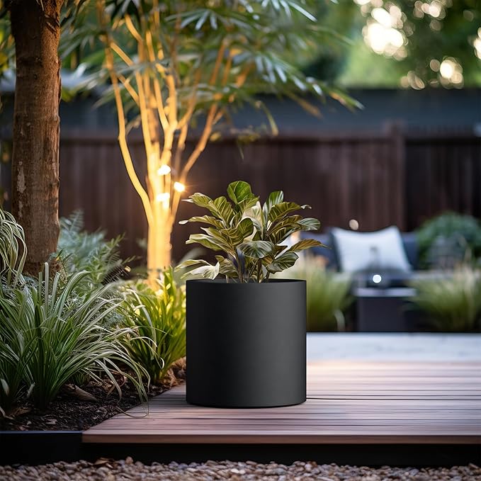 Kante 15.7" Dia Round Concrete Planter, Modern Style Large Cylindrical Plant Pot with Drainage Hole and Rubber Plug for Indoor Outdoor Patio, Burnished Black