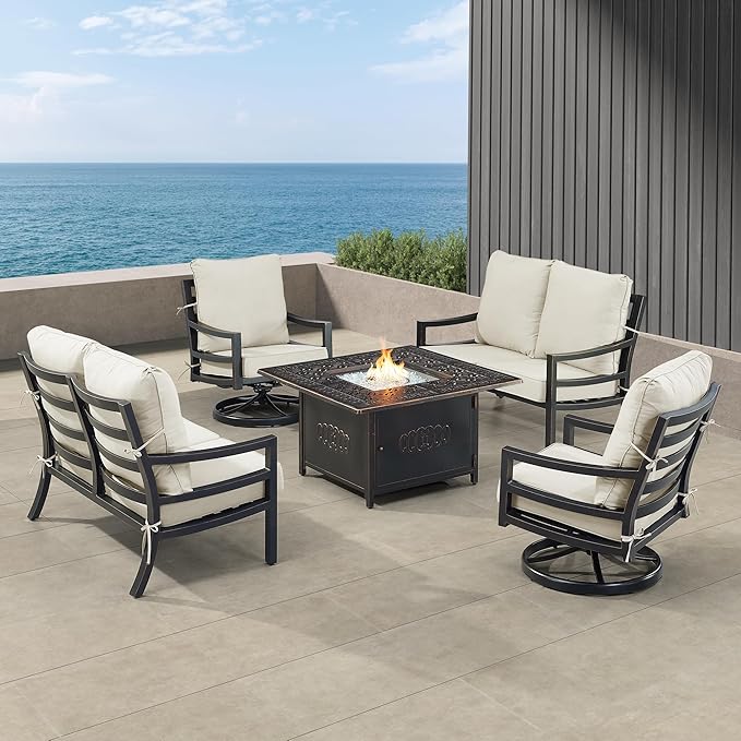 Oakland Living Black Aluminum Patio Fire Table Set with Two Deep Seating Loveseat with Cushions and Two Club Chairs with Light Grey Cushions