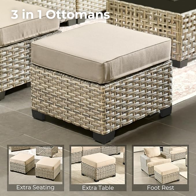 HOOOWOOO Outdoor Sectional Patio Furniture Set,8 Pieces Wicker Conversation Sets,Extra Deep Out Door Sofa Outside Furniture Couch with Swivel Chairs Ottoman,Beige