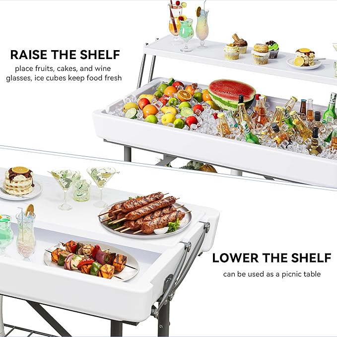 YITAHOME Two-Tier Ice Table, 4FT Folding Ice Cooler Table with Drain and Detachable Skirt, Portable Ice Table for Parties, Picnics, Camping, Weddings, BBQs