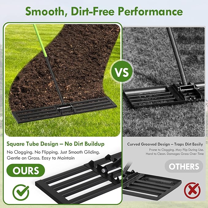 Seeutek Lawn Leveling Rake, 45” x 10” Lawn Leveler with 6.5FT Stainless Steel Handle Rakes for Lawns, 0-180° Adjustable Ground Leveler Tool for Yard, Level Soil Sand Dirt Surfaces