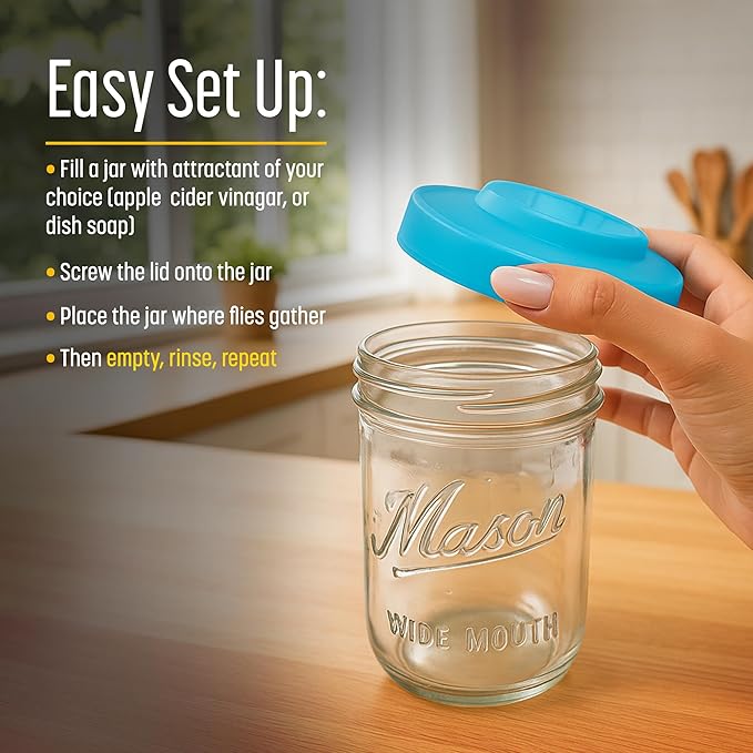Fruit Fly Trap Lids for Wide Mouth Mason Jars - Natural Non-Toxic Gnat Catchers, Reusable Covers (4 Pack)