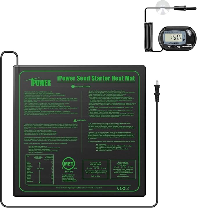 iPower 20" x 20" Seedling Heat Mat and LCD Digital Thermometer Combo, Warm Hydroponic Heating Pad for Germination, Indoor Gardening, Greenhouse, Black
