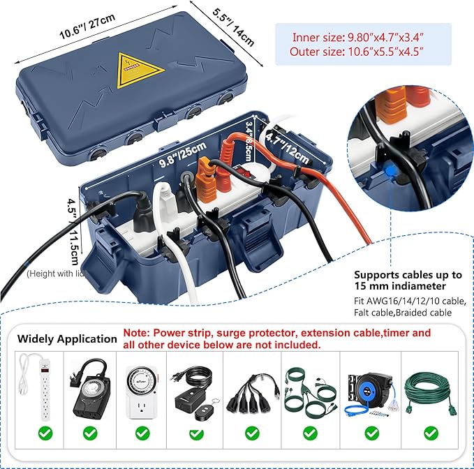 Hrensaw Medium Outdoor Electrical Box(10.6x5.5x4.5inch),Weatherproof Connection Box w/6 Cable Entry,IP54 Waterproof Cord Cover Protect Power Strip,Timer,Plug,Holiday Lights,Premium Gray