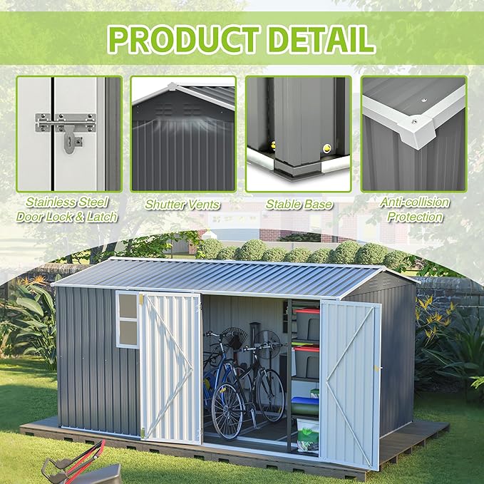 8x12FT Outdoor Storage Shed,XL Heavy-Duty Metal Shed W/Window & Floor Frame,Garden Tool House W/ 4 Air Vents,Dual Sliding Hinged Door & Sloped Roof,for Backyard,Patio,Lawn,Grey