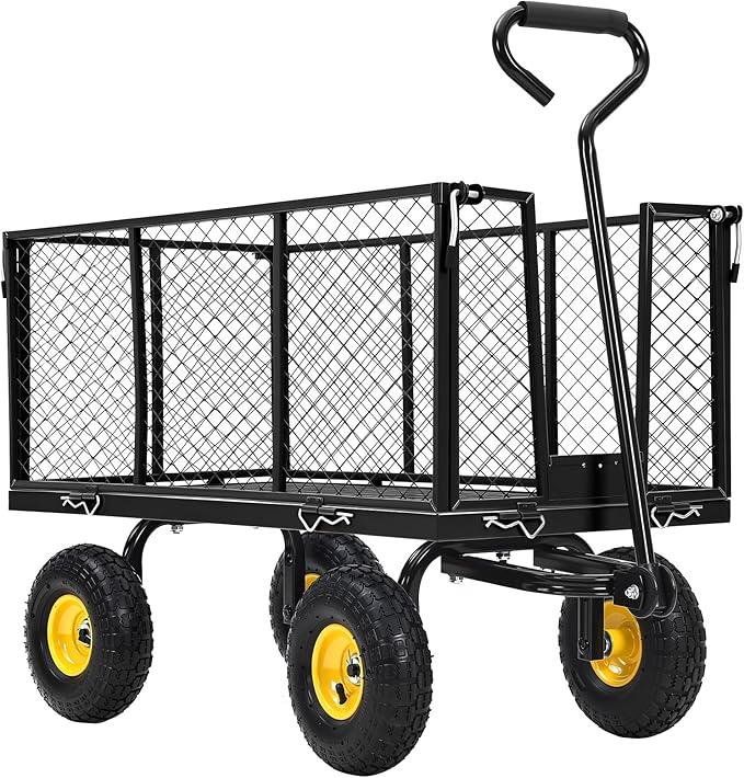 Heavy Duty Steel Garden Cart, 1100 LBS 3 in 1 Pullable Metal Garden Wagon with 10" Wheels, 180° Rotating Handle and Removable Sides for Farm, Yard