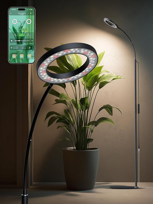 GLOWRIUM Smart Grow Lights for Indoor Plants with Auto Timer, Full Spectrum LED Floor Plant Light for 3 Spectrum Modes,6 Dimmable Levels,63inch Adjustable Height for Large Plants (Black, 20W)