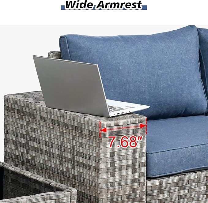 HOOOWOOO 10 Piece Modular Patio Outdoor Sectional Furniture Set with Gas Propane Fire Pit Table,Wicker Conversation Sofa Set with Swivel Chairs,Outside Couch Set(Denim Blue)