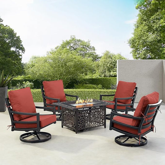 Oakland Living Black Aluminum Patio Fire Table Set with Four Club Chairs with Red Cushions