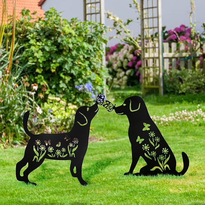 Decorative Garden Stakes - 2 Pack 15" Rust-Resistant Metal Dog Silhouette Outdoor Decor, Corten Steel Puppy Yard Art with Easy Installation for Gardens, Patios & Walkways (Black Lab Design)