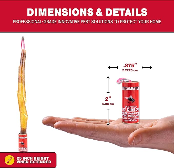 Catchmaster Fly Ribbon 96-Pack, Bug & Fruit Fly Traps Outdoor and Indoor, Premium Adhesive Sticky Fly Strips & Gnat Hanging Strips, Bulk Scented Flying Insect Paper Rolls, Non-Toxic Home Pest Control