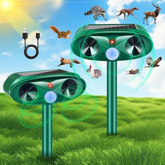 2025 Upgraded Solar Ultrasonic Animal Repeller Outdoor Cat Repellent Deer Repellent Devices with USB Charge, Animal Deterrent Device for Rabbit Raccoon Dog Squirrel Rodent Skunk for Yard Garden,2 Pcs