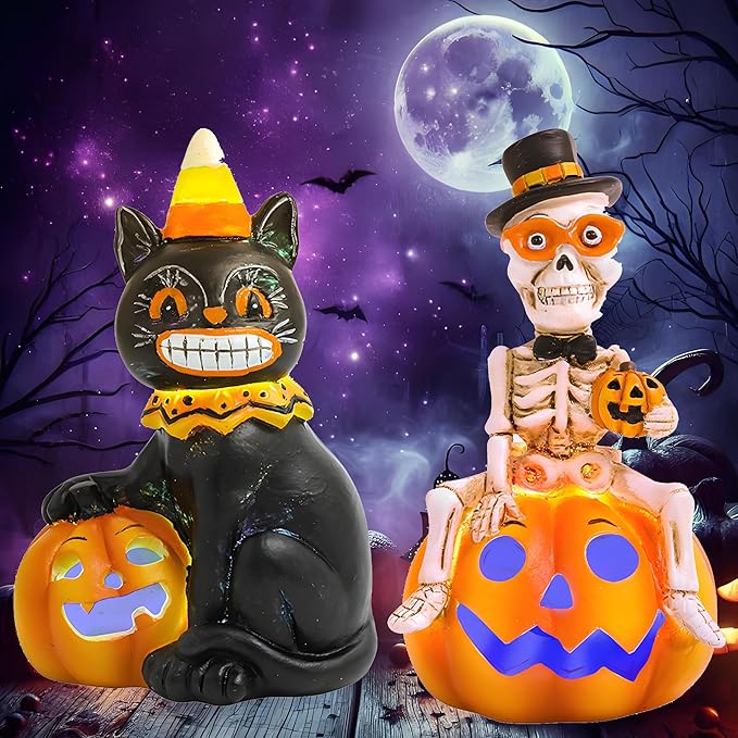Vintage Halloween Decorations Indoor - 2-Pack 4.7'' Resin Skeleton Gentleman & Black Cat Figurine with Flickering Pumpkin Lights - Halloween Table Decor Ornaments Gifts (Jack-O’-Lantern)