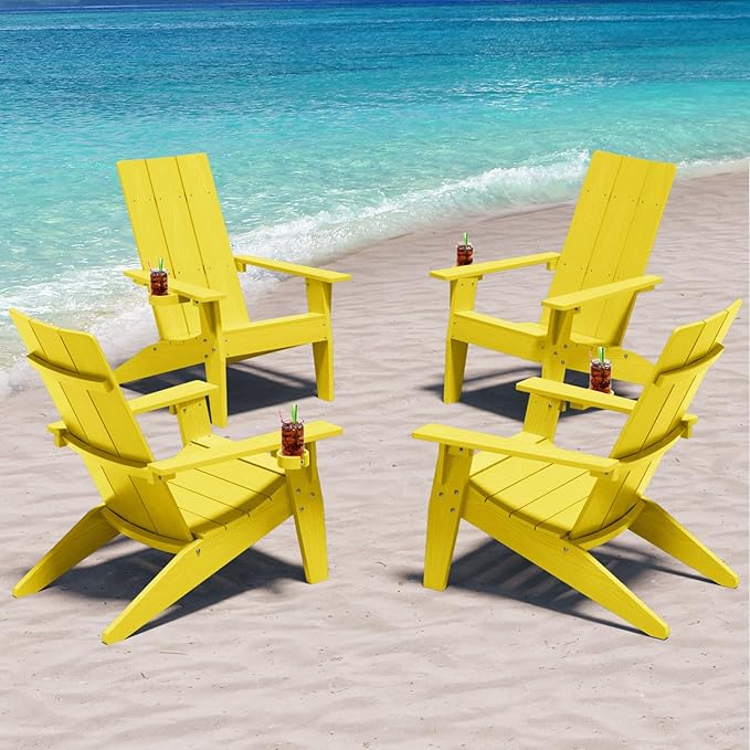 MXIMU Adirondack Chair Set of 4: Modern Adirondack Chairs Fire Pit Chairs Plastic Outdoor Chairs for Lawn Backyard Deck Garden Camping (Yellow)