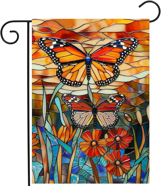 Monarch Butterfly Garden Flags for Outside Fall Flag Stained Glass Floral Yard Flag Spring Summer Decorative Flags 12x18 Double Sided Small Seasonal Lawn Flags Rustic Outdoor Decor