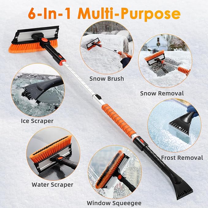 AstroAI 47.2" Ice Scrapers for Car Windshield, 3 in 1 Sturdy Snow Brush with Squeegee, 10 Adjustable Length Settings, Extendable Aluminum Handle, 180° Pivoting Snow Scraper for Car, Truck, SUV(Orange)