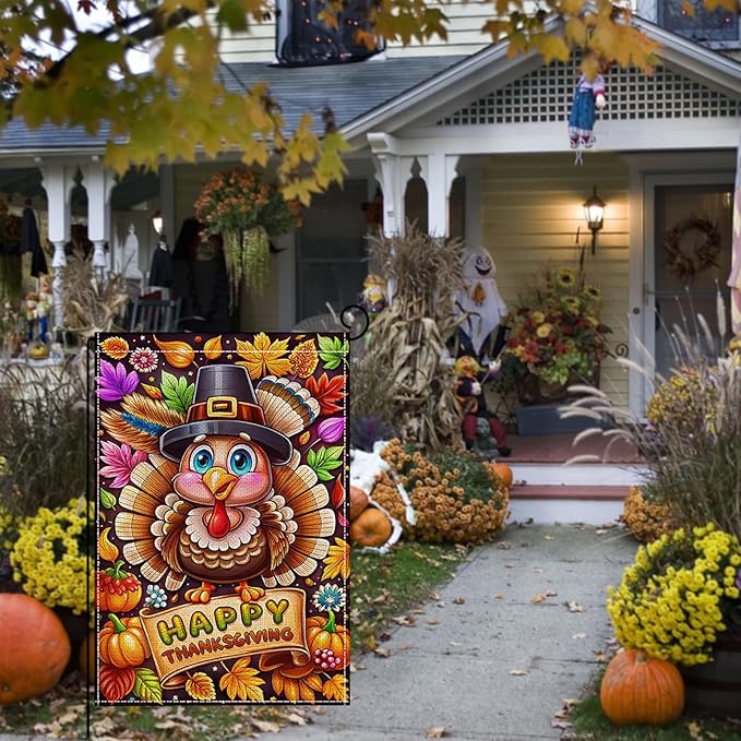 Fall Thanksgiving Garden Flag 12 x 18 Inch Double Sided Turkey Pumpkin Maple Leaves Designs Autumn Burlap Yard Flag for Outside Rustic Yard Outdoor Holiday Home Decoration