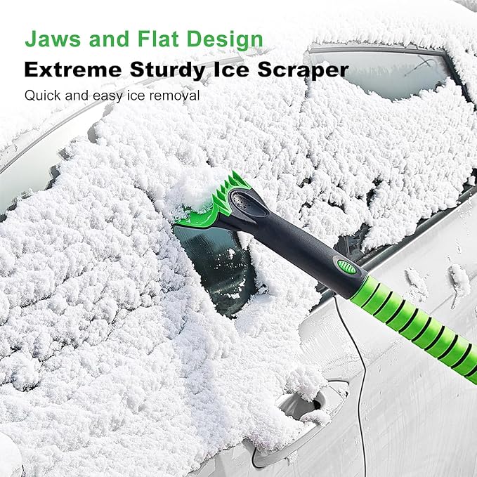 SEAAES 56 Inch Truck Snow Brush Scraper Long Handle, Heavy Duty Extendable Snow Broom for SUV, Windshield Ice Scraper with Foam Grip for Car Automobile Vehicle Window - Green