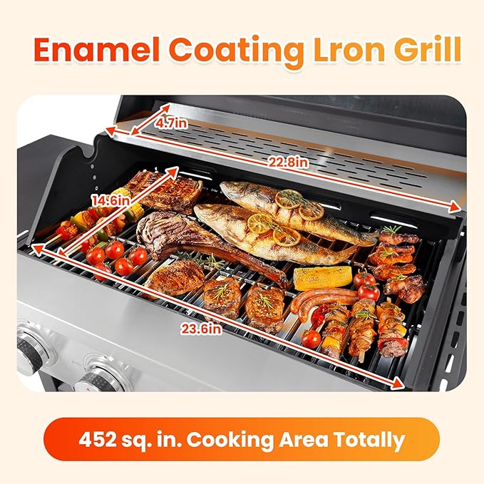 4-Burner Propane Gas BBQ Grill with Side Burner, Porcelain-Enameled Cast Iron Grates and Grills Cover, 51,000 BTU Stainless Steel Grill for Outdoor Camping Barbecue Grilling Backyard Cooking
