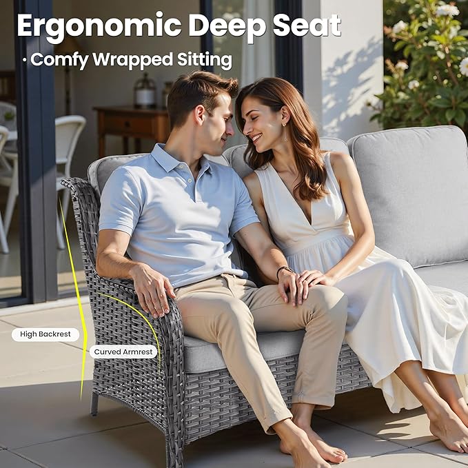 ovios 9 Pieces Patio Furniture Set, Outdoor Wicker Sofa Couch with Swivel Chairs Ottomans Comfy Cushions, All Weather High Back Modern Conversation Sets, Grey Rattan, Grey