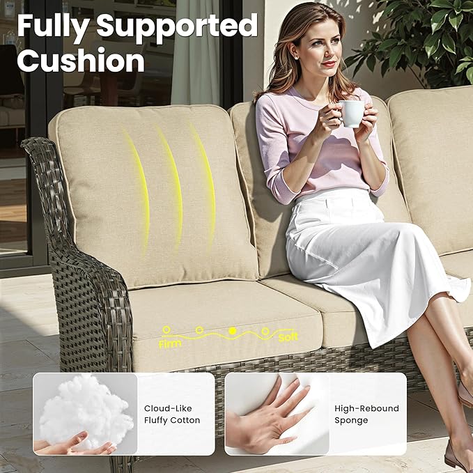 ovios 9 Pieces Patio Furniture Set, Outdoor Wicker Sofa Couch with Swivel Chairs Ottomans Comfy Cushions, All Weather High Back Modern Conversation Sets, Brown Rattan, Beige