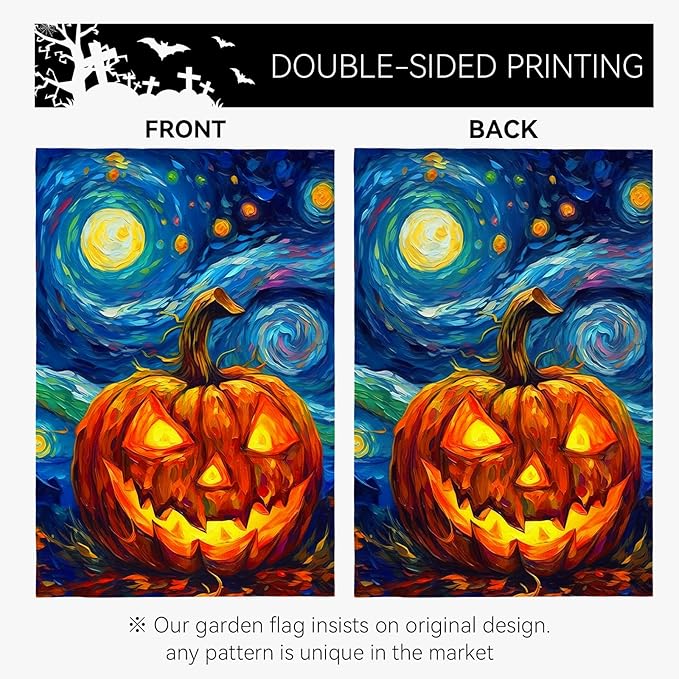 Halloween Garden Flag Pumpkin Garden Flag Van Gogh Garden Flags Arts Starry Night Sky Moon Yard Flag Double Sided Fall Porch Patio Farmhouse Outdoor Yard Decorative 12 x 18 Inch