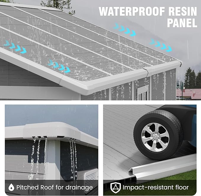 Outdoor Storage Shed, 8x10 FT Resin Shed with Floor and Lockable Door, Window & Vents, Tool Sheds and Outdoor Storage for Bike, Tools, Garden Accessories, Waterproof Grey & White