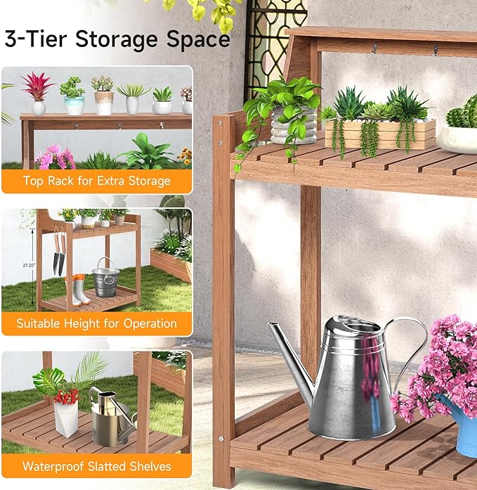 HDPS Potting Bench, All Weather Potting Table with 33.18" Highten Tabletop and 8 Hooks, Easy Assembly Garden Work Bench, Outdoor Potting Benches for Outside Patio Lawn, 360LBS Capacity, Teak
