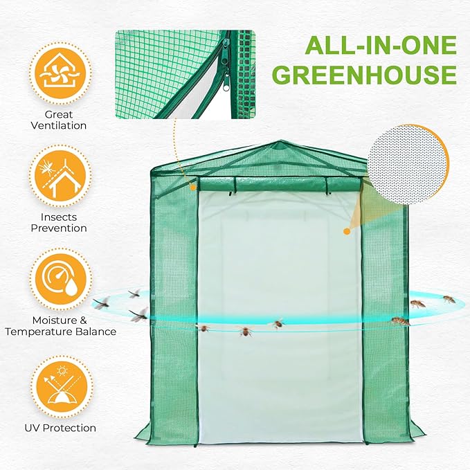 EAGLE PEAK Replacement Cover for 8x6 Portable Pop up Greenhouse, Dual Roll-up Zipper PE Door & Upgraded Screen Mesh Door and 2 Roll-Up Side Windows (Frame Not Included), Green